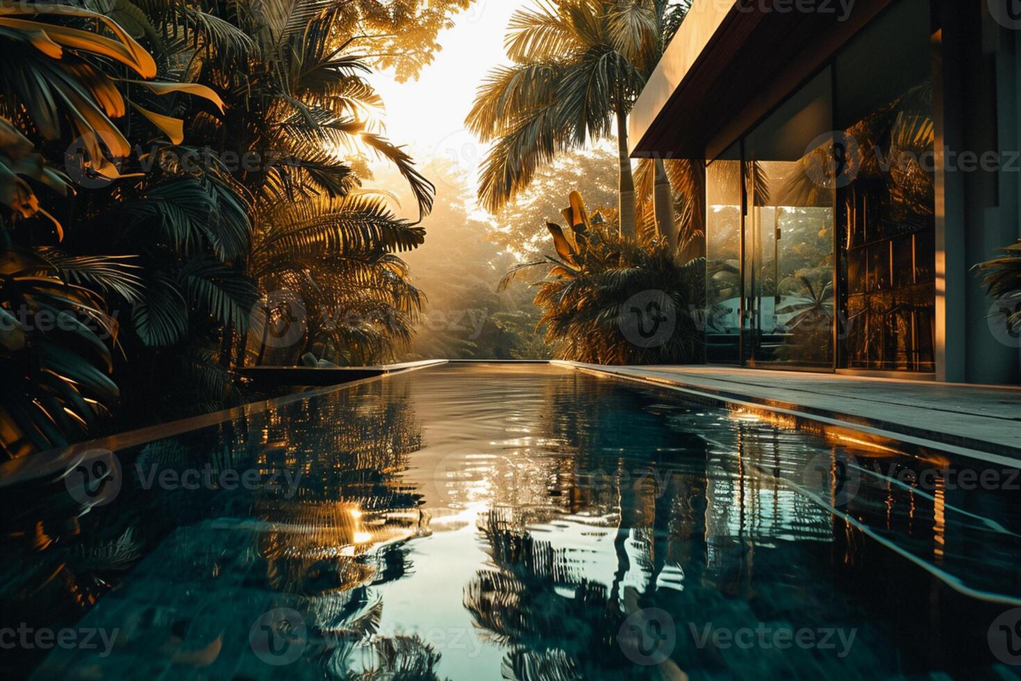 AI generated luxury residences , tropical landscapes, dark amber and gold, dynamic outdoor shots Ai Generated photo