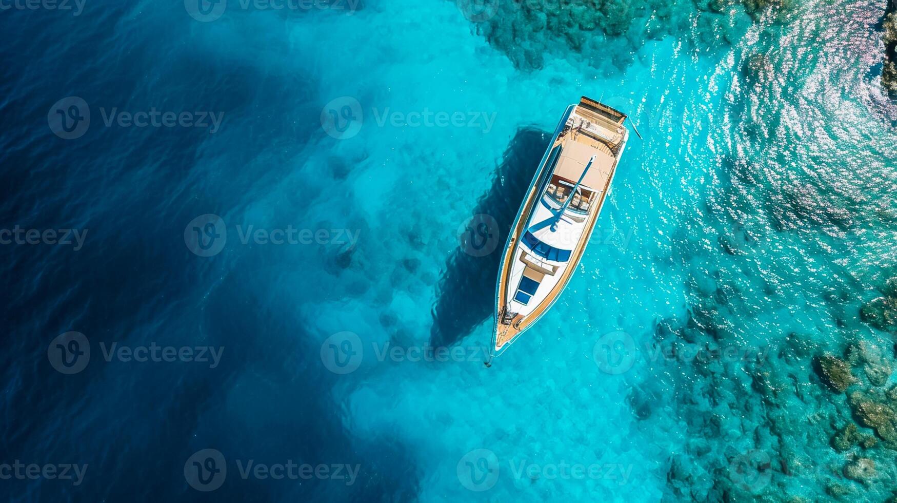 ai generado aéreo zumbido parte superior abajo ultra amplio foto de lujo yate anclado en tropical exótico isla ai generado