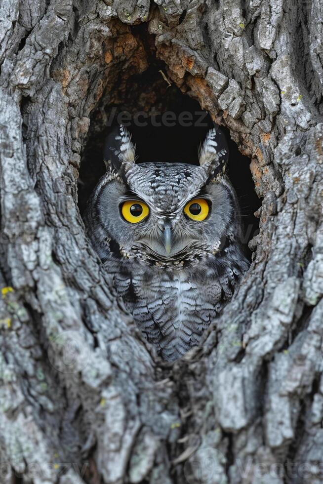 AI generated owl peeking out from a dark hole in a tree Ai generated photo