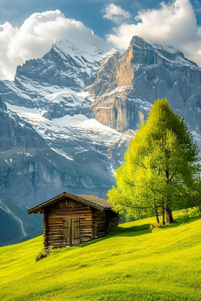 AI generated photo of a wood barn in a green field surrounded by green in a forest Ai Generated