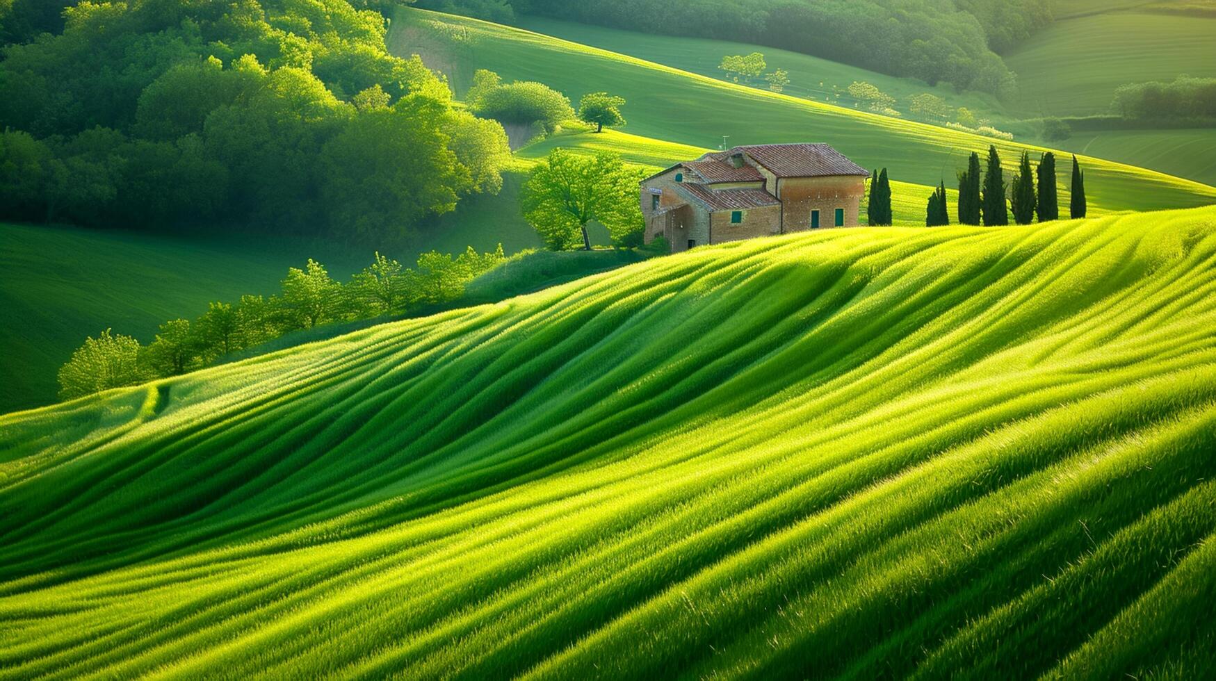 AI generated house the countryside, dividing the lush green fields, long exposure photography Ai Generated photo