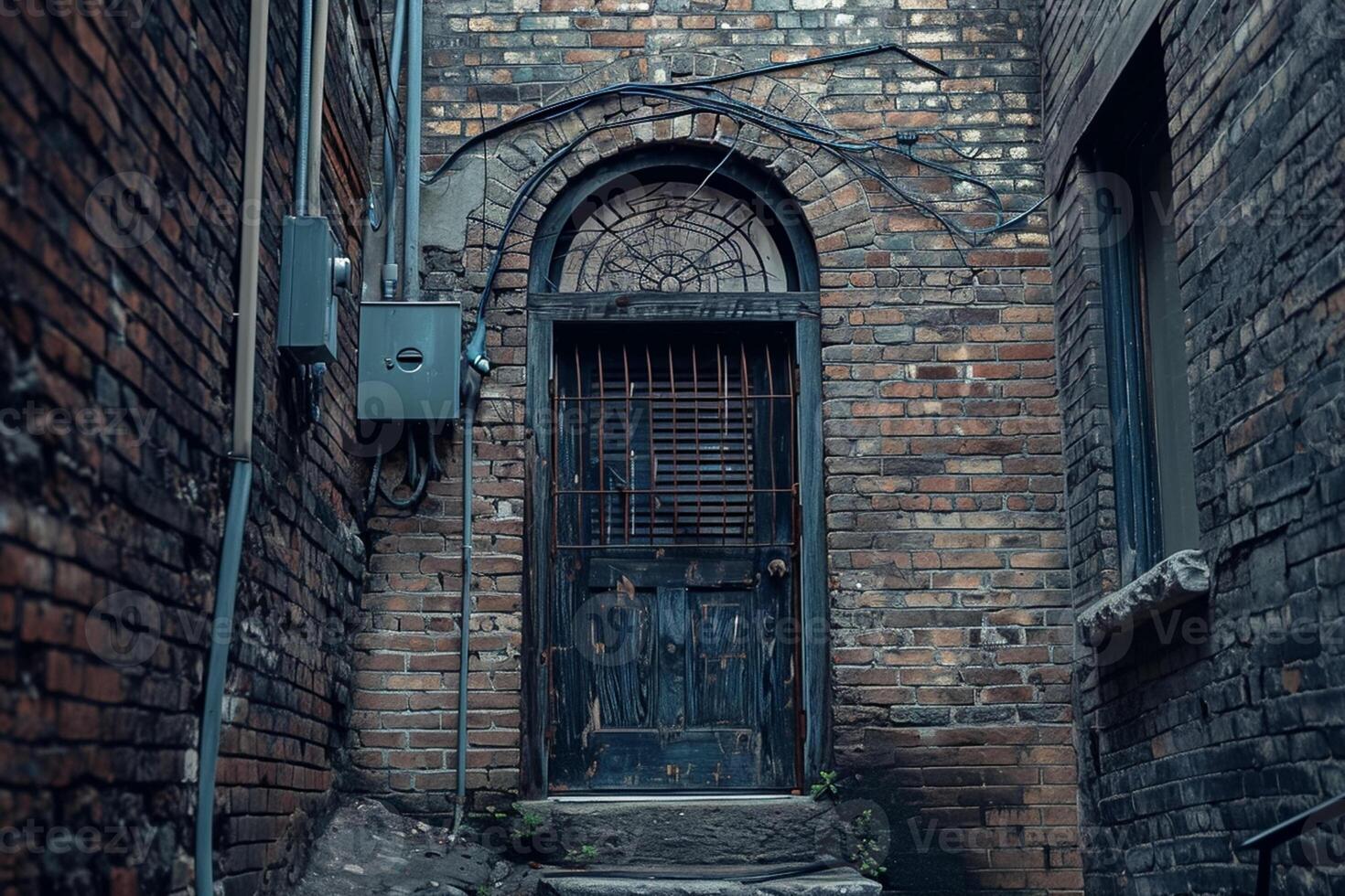 AI generated image shows narrow alleyway between two old brick buildings. One building has rough, uneven bricks while the other appears smoother with dark tone Ai Generated photo