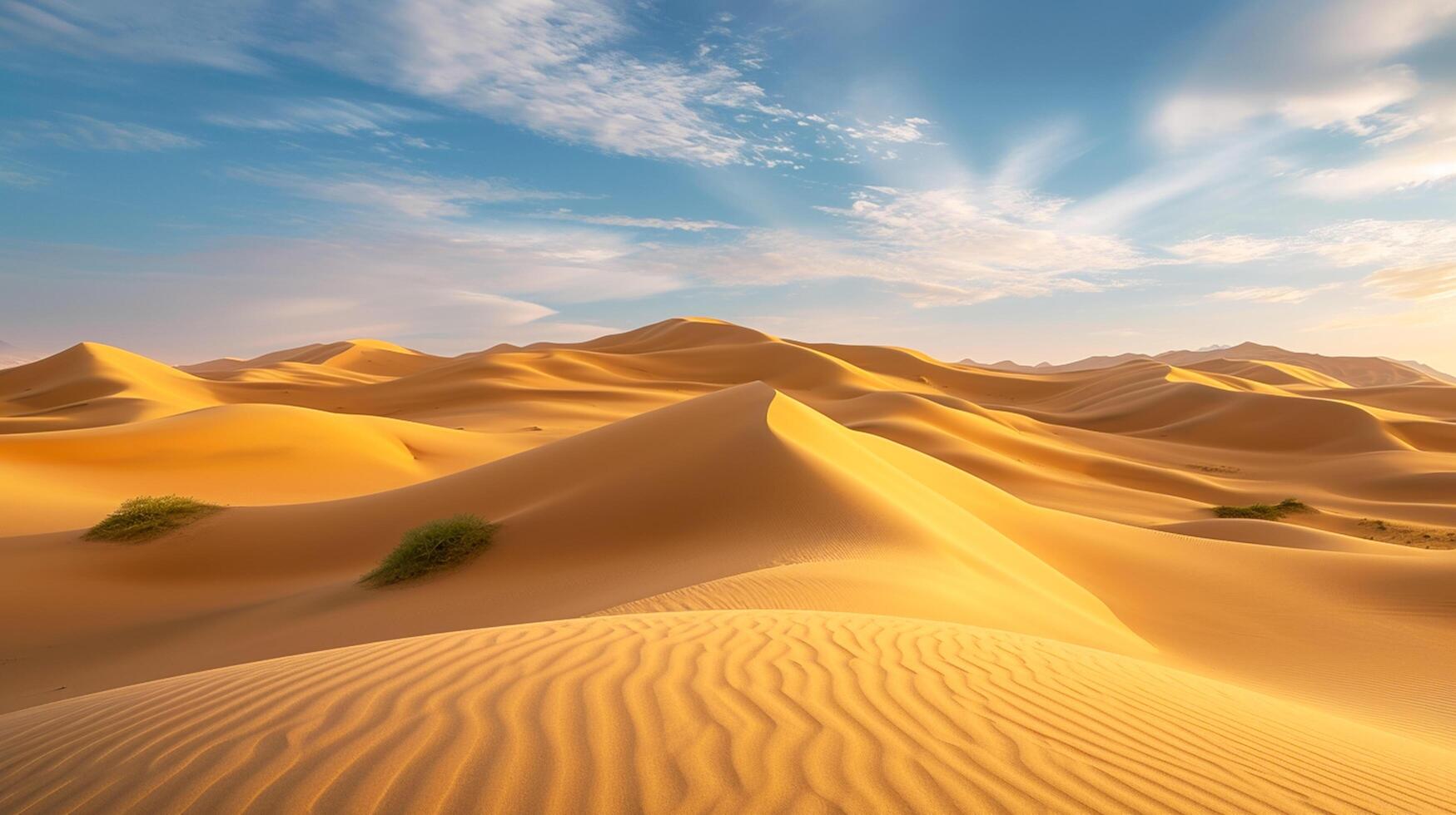 AI generated desert landscape smooth sand dunes rich golden tones of the sand with the soft blue sky. few green plants are visible in the foreground undisturbed natural scene Ai Generated photo