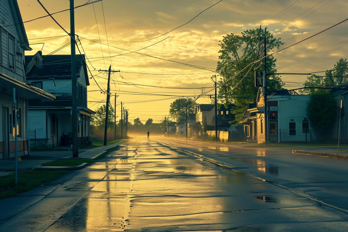AI generated street scene sunrise or sunset. The road due to recent rain, and reflects the light from the sky. Buildings line both sides of the street old and have rustic charm Ai Generated photo