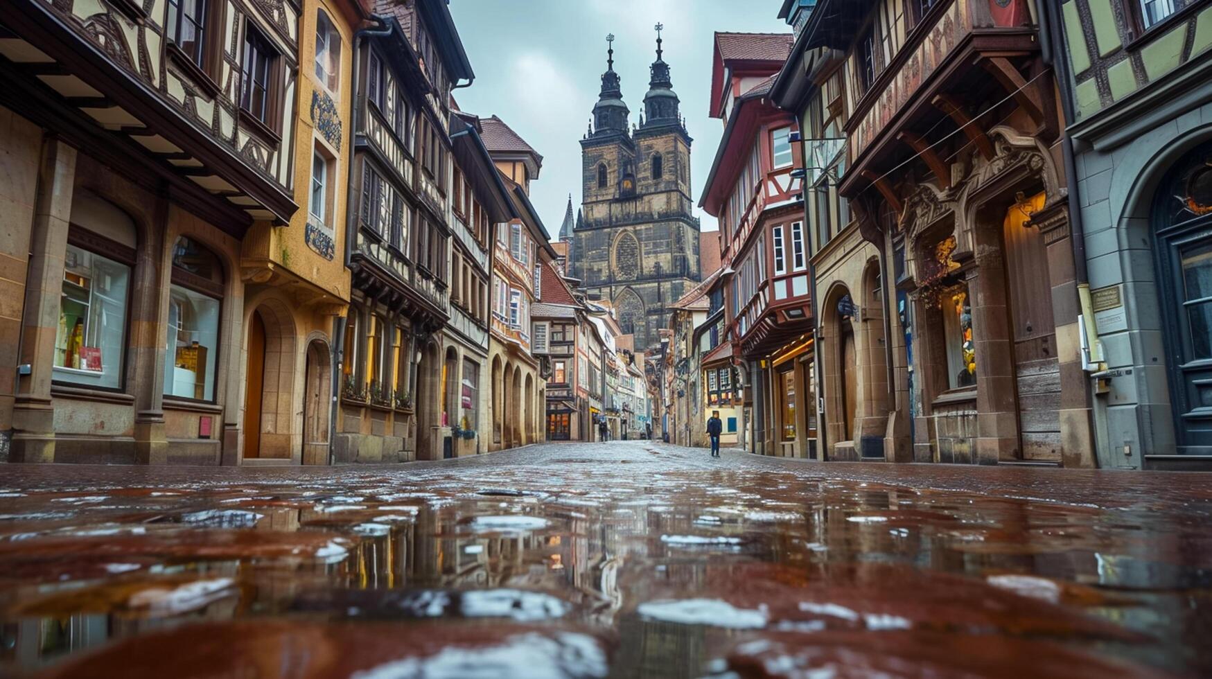 ai generado guijarro calle forrado con histórico edificios líder hacia un florido catedral. el edificios tener rústico encanto, presentando Roca construcción y madera balcones ai generado foto