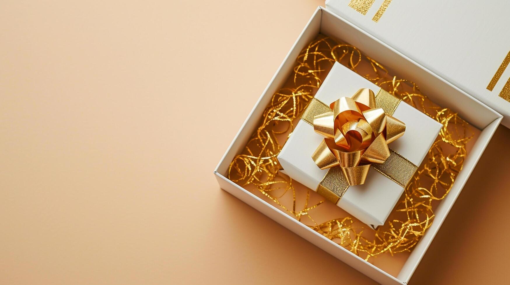 AI generated Golden Elegance Unveiled 3D Top View of Luxury Gift Box with Ribbon, Empty Space, Ai generated photo