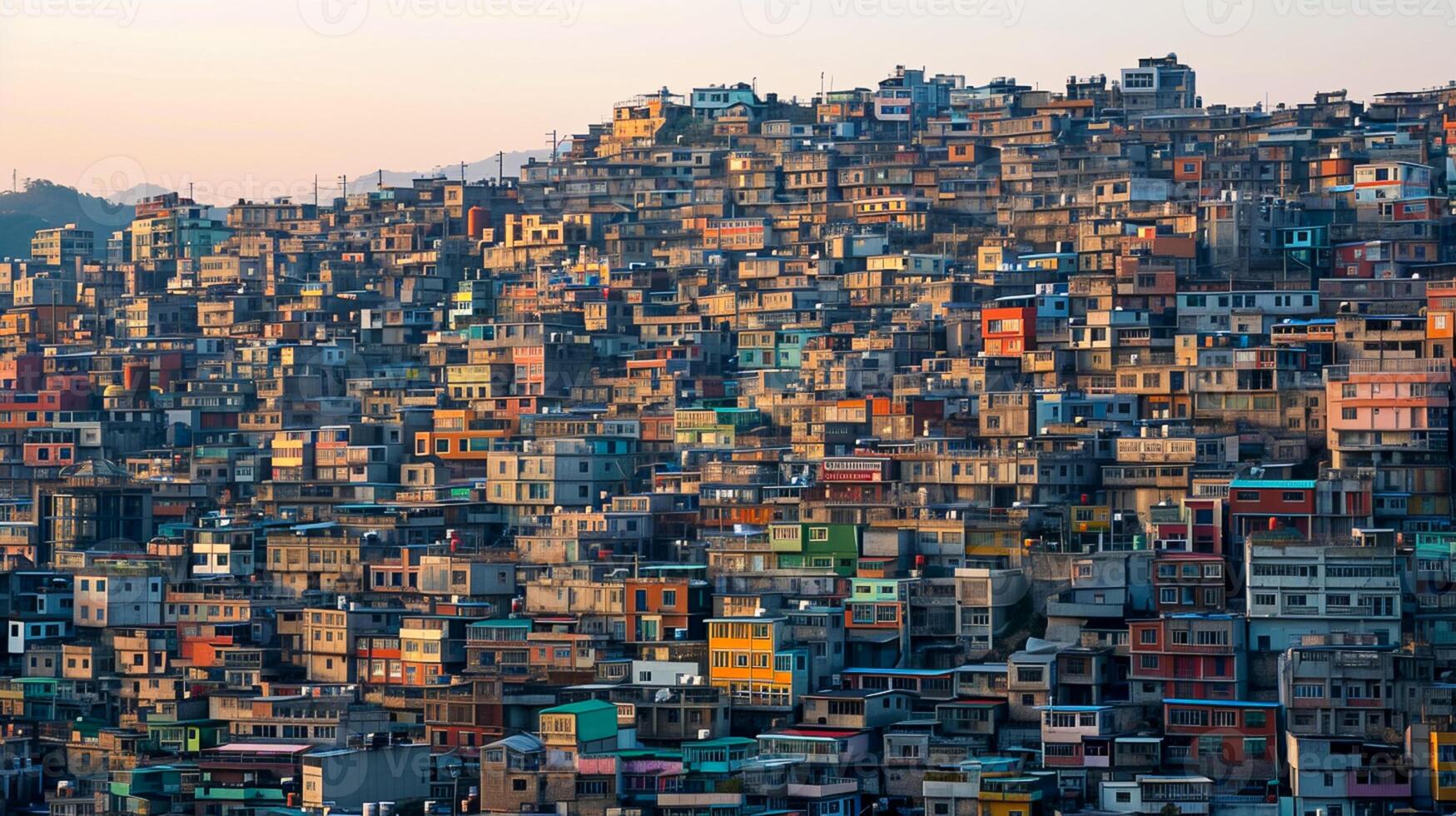 ai generado imagen muestra densamente poblado ladera cubierto en edificios, el mas grande edificios estar prominentemente en medio de menor estructuras ai generado foto