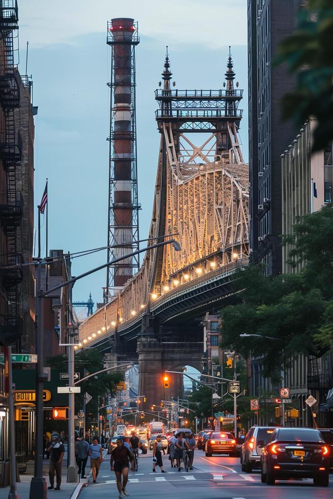 AI generated image is cityscape  with the Queensboro Bridge prominently featured in the background. The bridge is intricately designed, showcasing detailed architecture and engineering Ai Generated photo