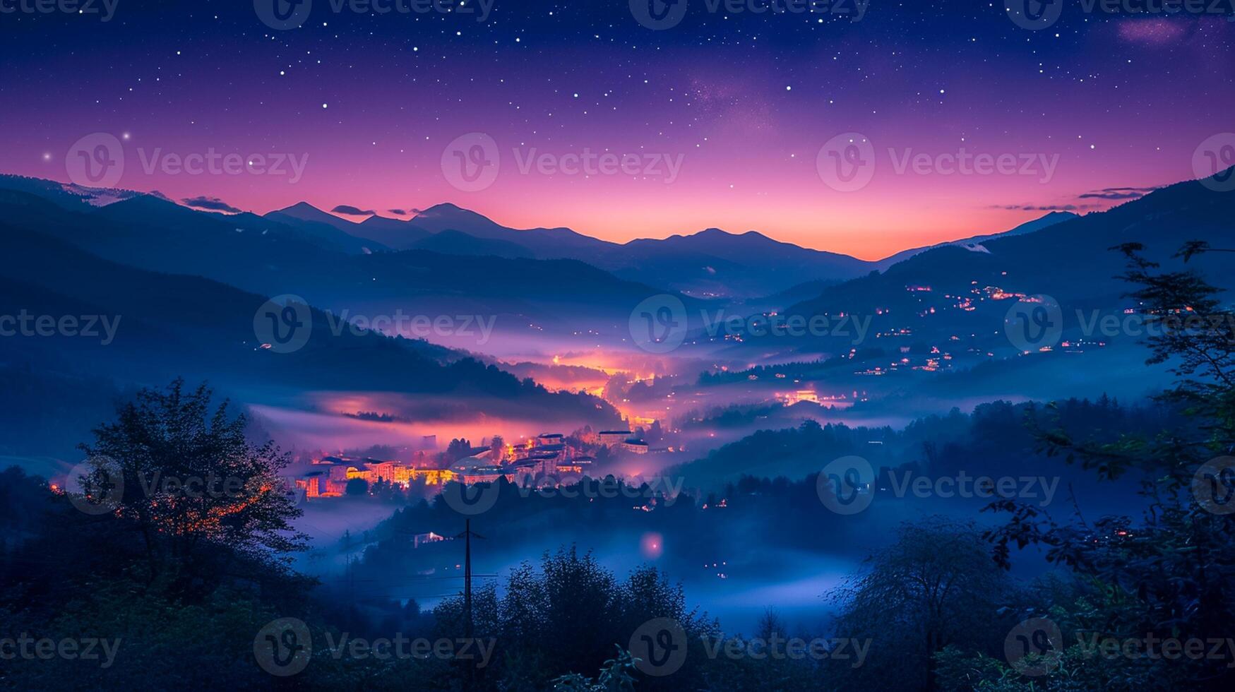 ai generado montañas en niebla en hermosa noche. paisaje con alto montaña valle, bajo nubes, bosque, púrpura cielo con estrellas, esclarecedor el ciudad a puesta de sol ai generado foto