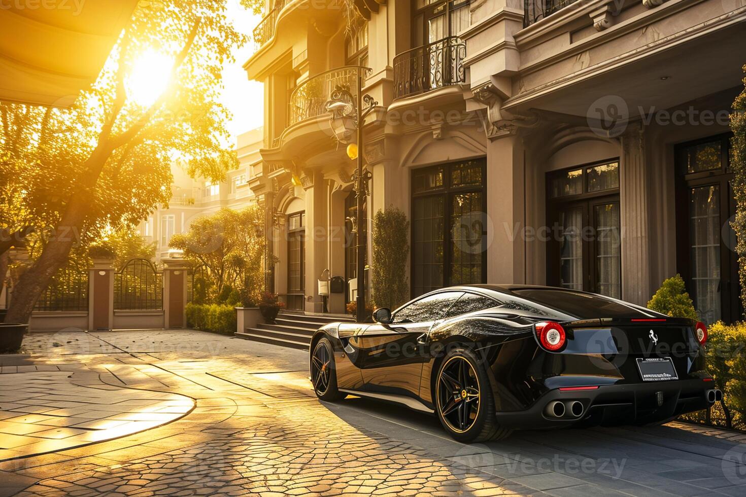 AI generated sports car parked in front of a luxury residence by sunset, luxury Life Ai Generated photo