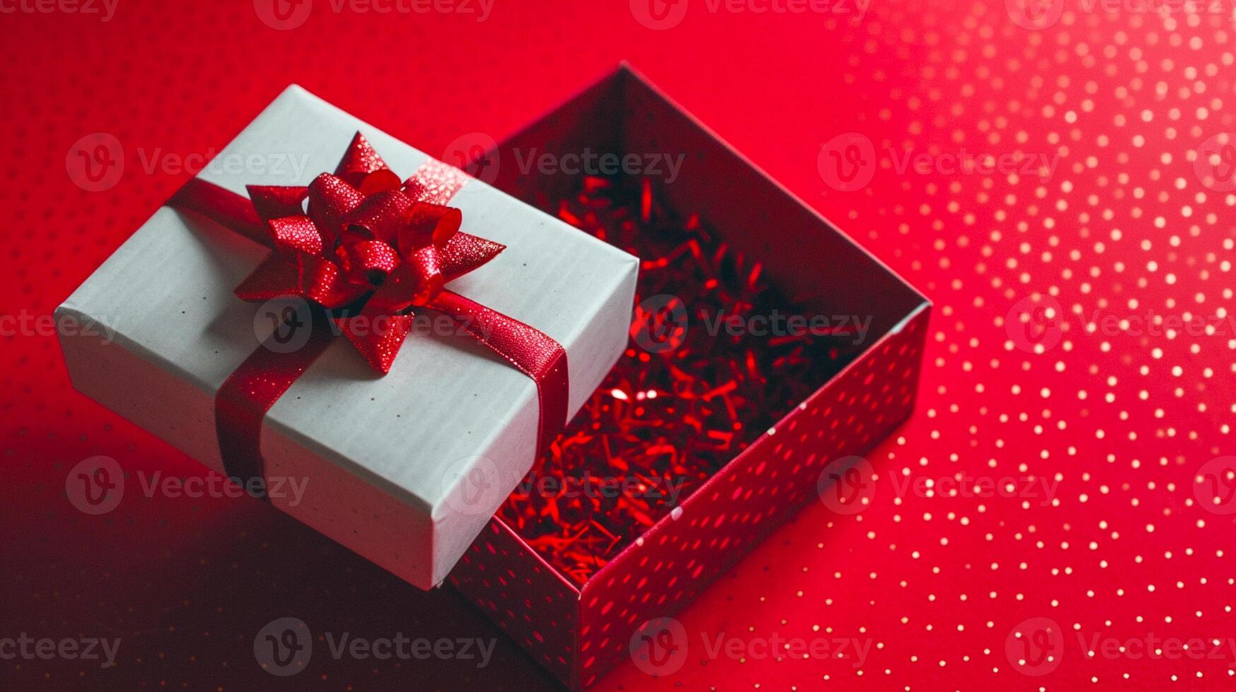 ai generado elegante rojo regalo presentación 3d lujo regalo caja, oro cinta, parte superior vista, ai generado foto