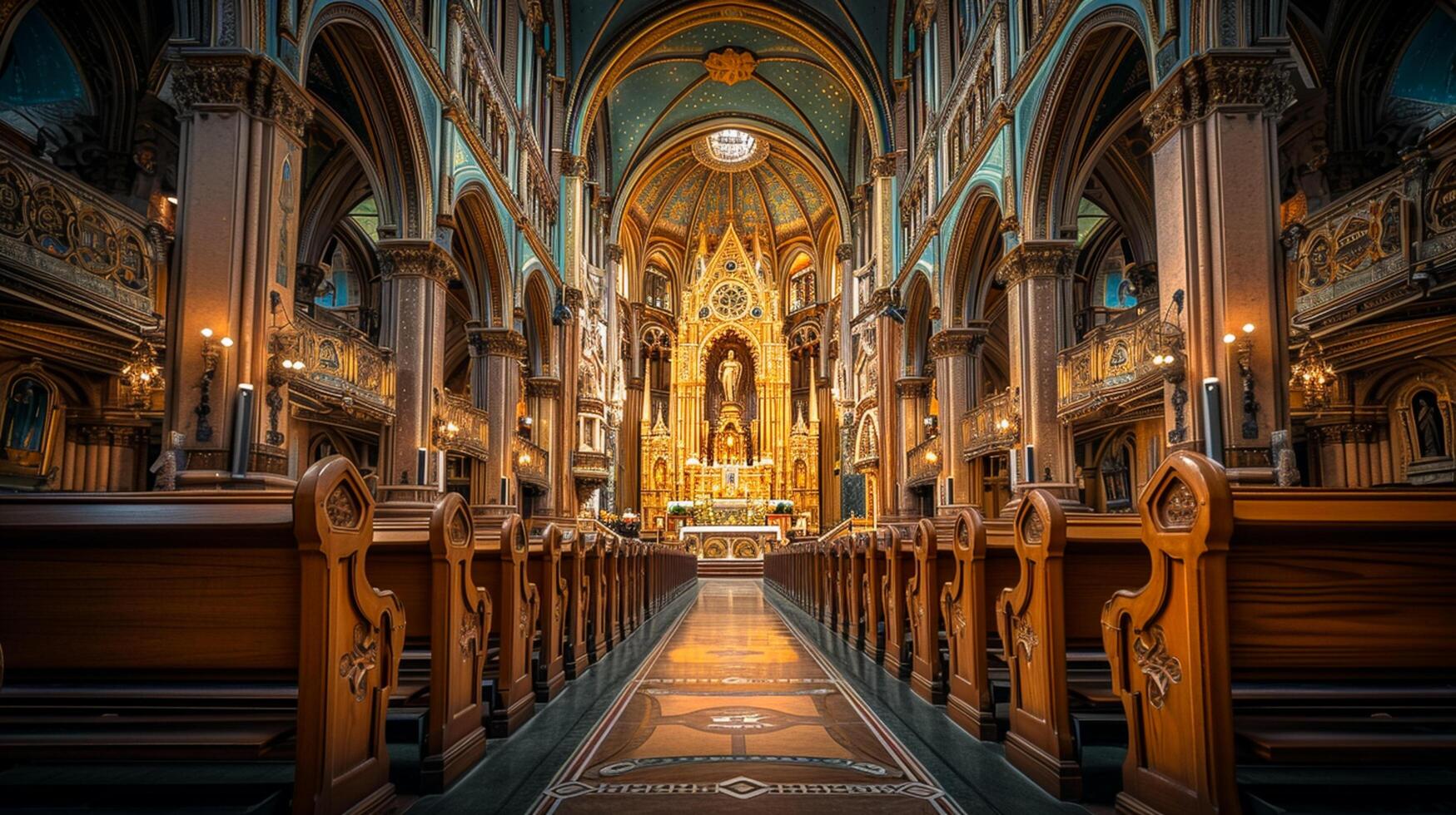 AI generated Photo of the interior of grand church with intricate architectural details. wood pews are aligned in rows leading up to the altar Ai Generated