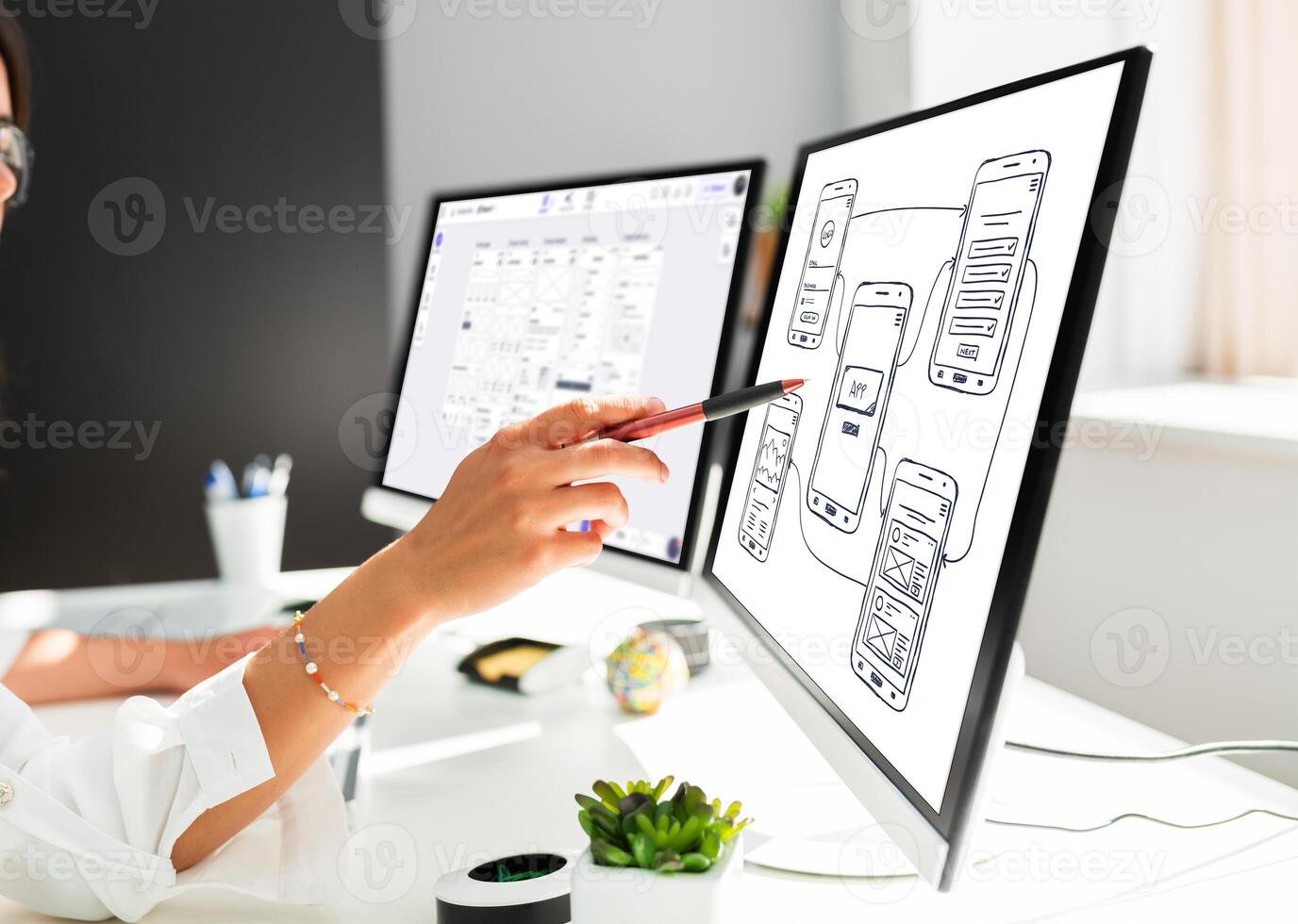 ux Graphic designer creative sketch planning application process development prototype wireframe for web mobile phone . User experience concept. photo