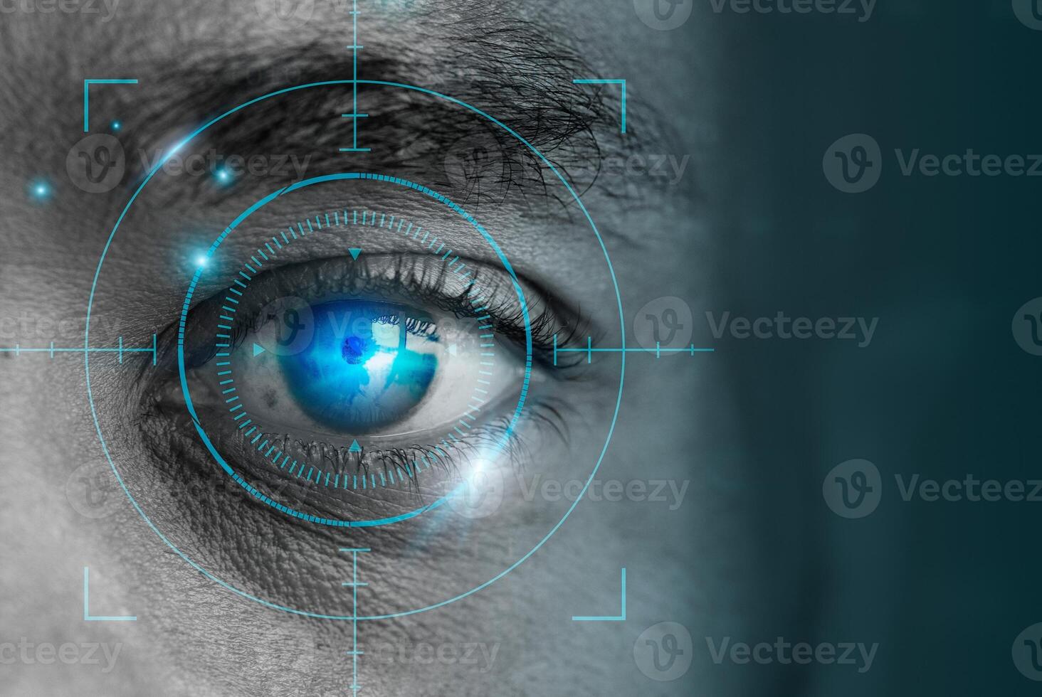 Retinal biometrics technology with manrsquos eye digital remix with copy space photo