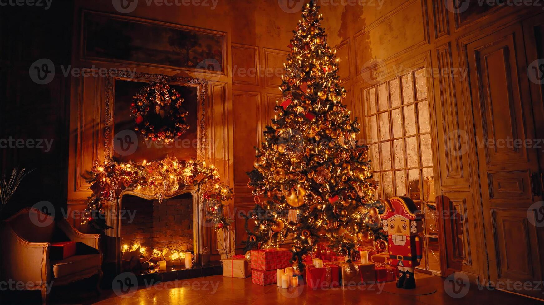 Lovely Christmas Tree and Gift Boxes with Nutcracker in a Cosy Room photo