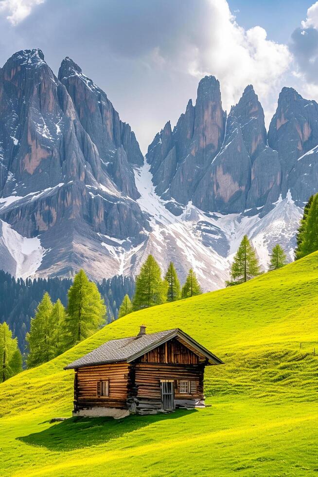 AI generated serene natural landscape with small wood cabin nestled in the foreground. The cabin should be situated on lush green hill, with towering snow capped mountains background Ai Generated photo