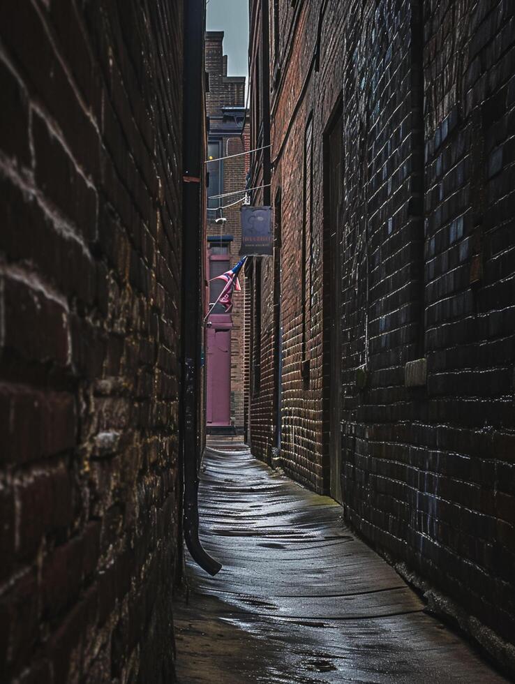 AI generated image captures narrow alleyway between two old brick buildings. One building has rough, uneven bricks while the other appears smoother with dark tones Ai Generated photo