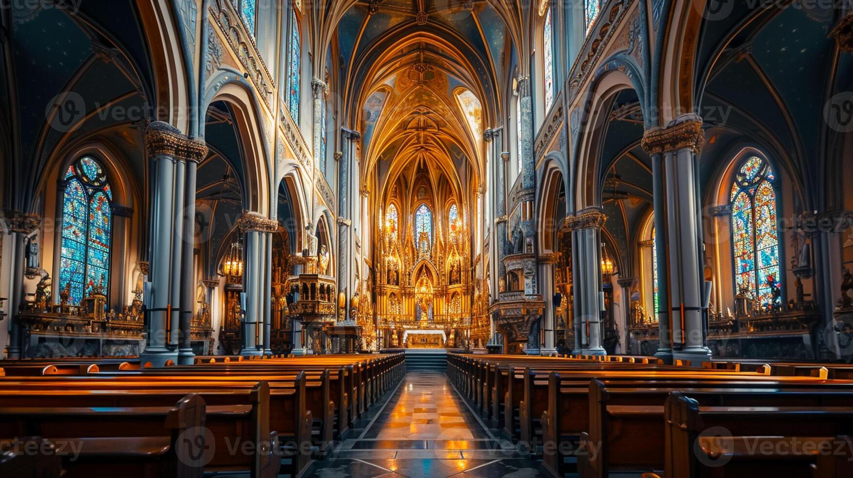 AI generated Photo of the interior of grand church with intricate architectural details. wood pews are aligned in rows leading up to the altar Ai Generated