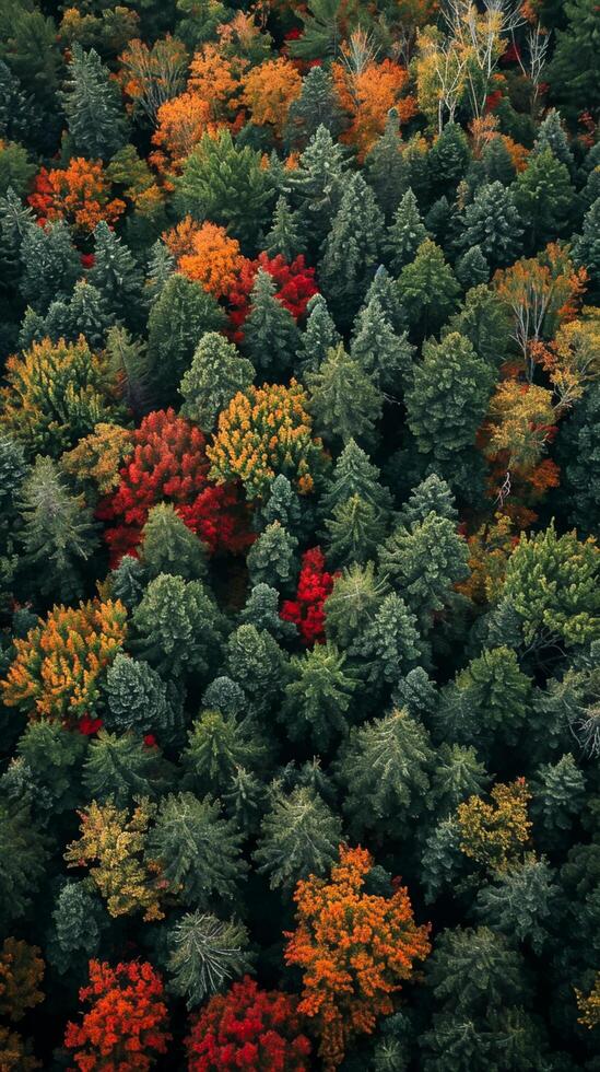 AI generated image captures dense forest from an aerial or elevated perspective. mix of evergreen and deciduous trees densely populate the forest Ai Generated photo