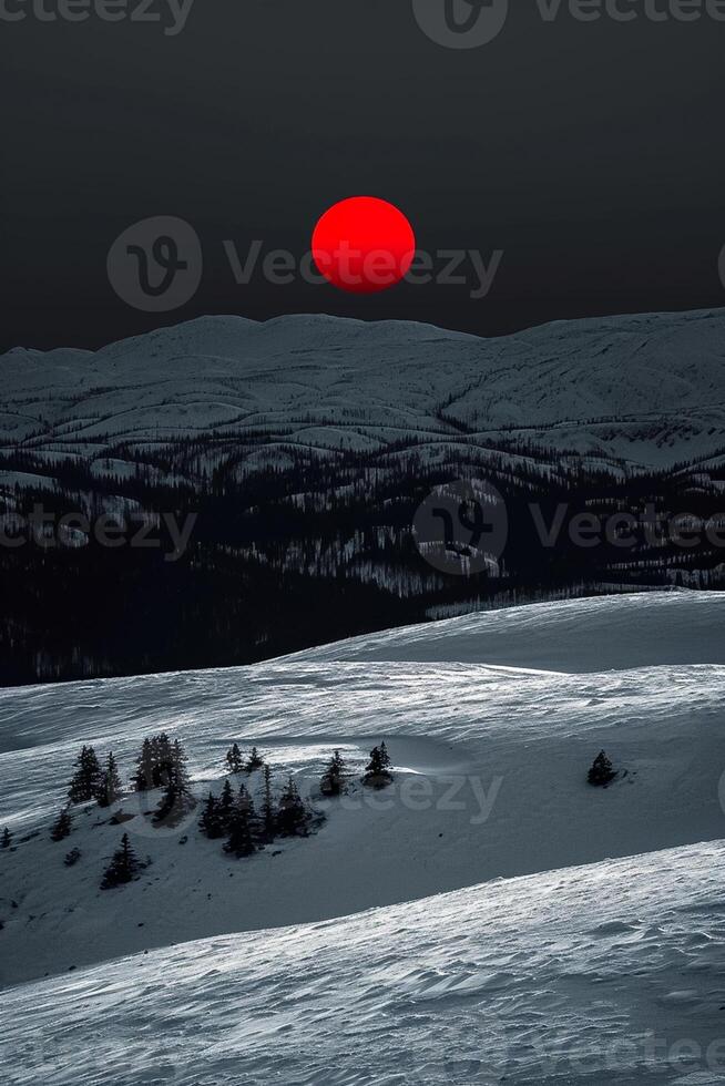 AI generated Snowy mountains surrounded by symmetry, in the center is black and red suns from the evening. Minimalist Chinese classical style Ai Generated photo