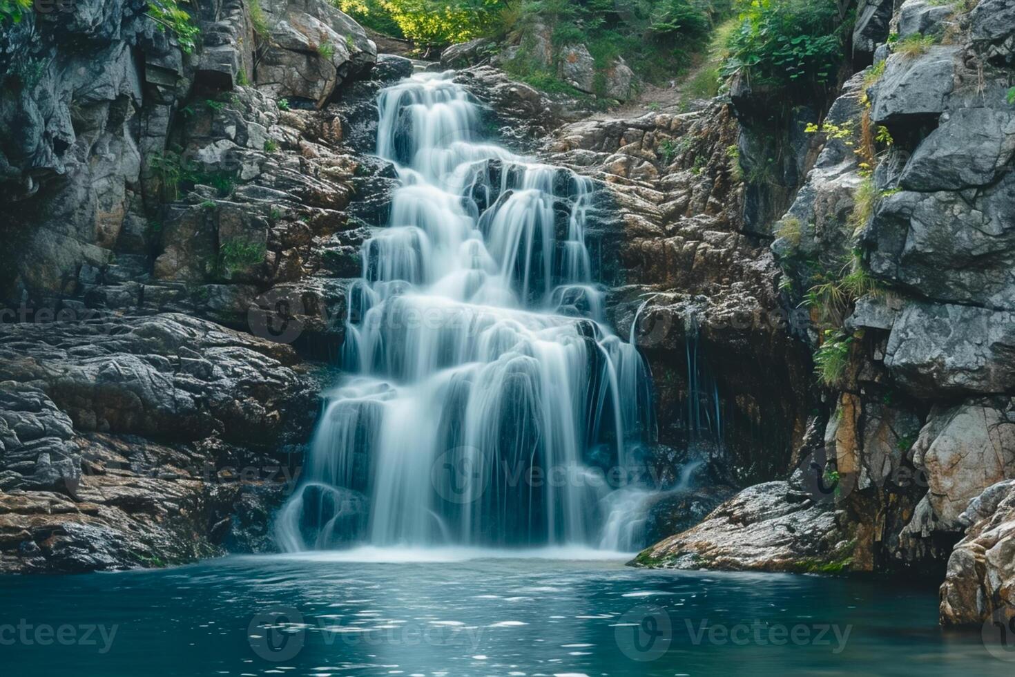 AI generated serene image captures picturesque waterfall flowing down rocky cliff. The waterfall is surrounded by jagged rocks and greenery, indicating natural, possibly remote location Ai Generated photo