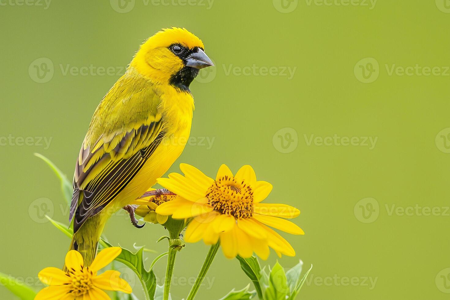 AI generated vibrant yellow bird perched on a blooming yellow flower against a soft green background Ai generated photo