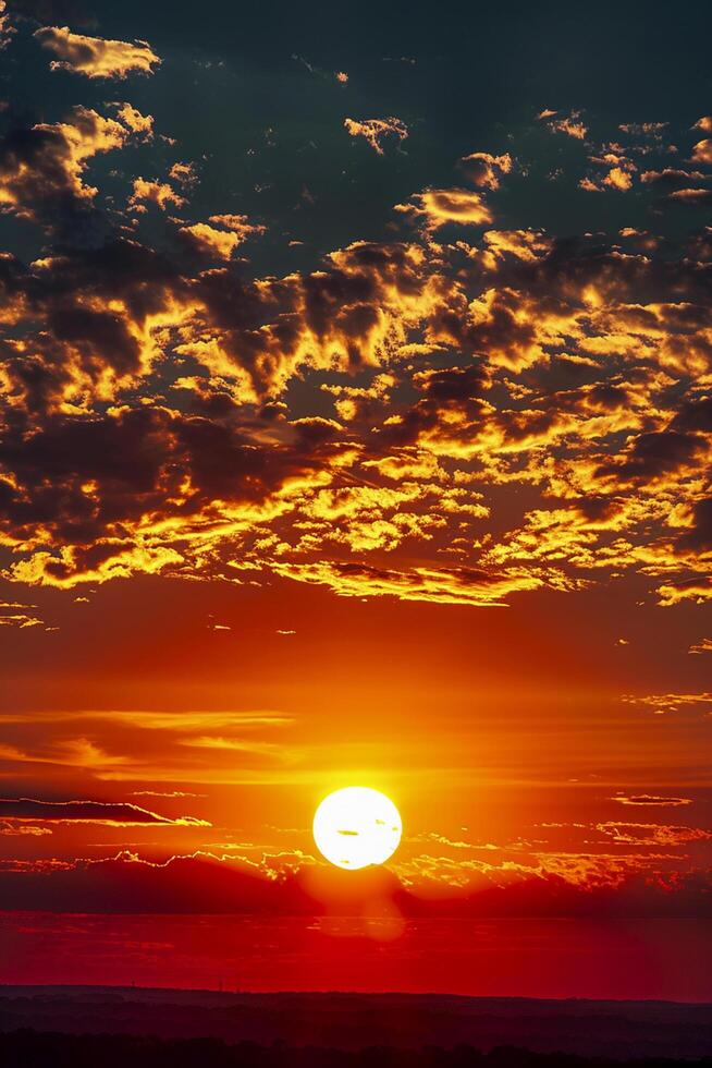 AI generated stunning Photo of sunset over city skyline. The sun is partially obscured by clouds, casting an array of golden rays across the sky Ai Generated