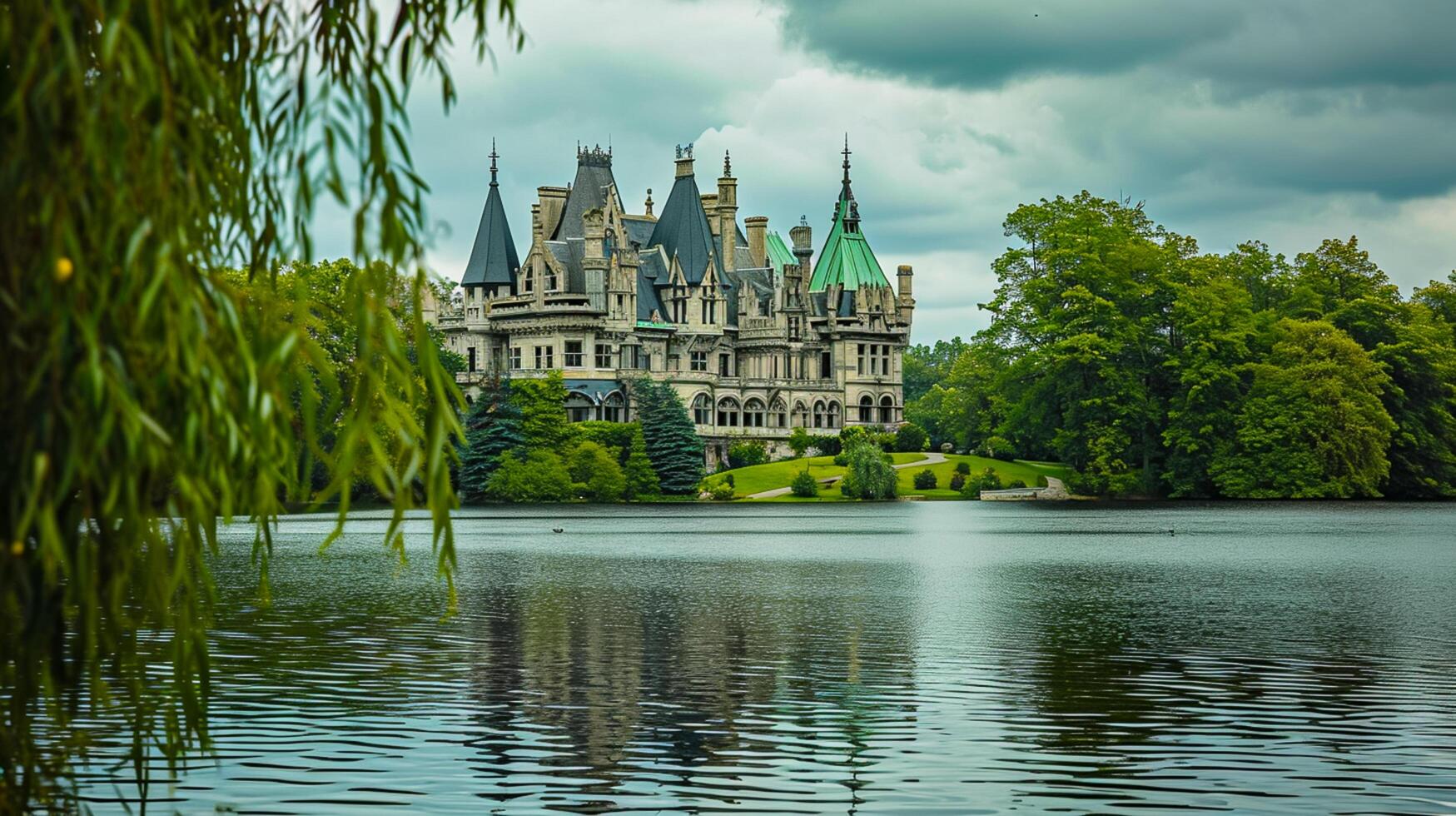 AI generated Photo of majestic castle like structure, surrounded by lush greenery and serene body of water. The building multiple towers with pointed roofs, and green rooftops. Ai Generated