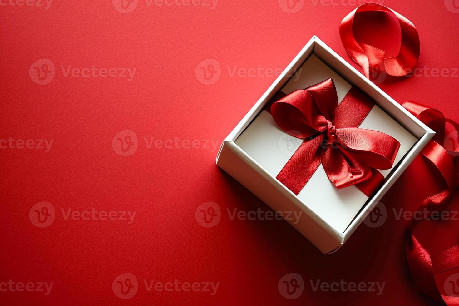 AI generated Red Elegance from Above 3D Top View Gift Box with Ribbon, Empty Space, Ai generated photo