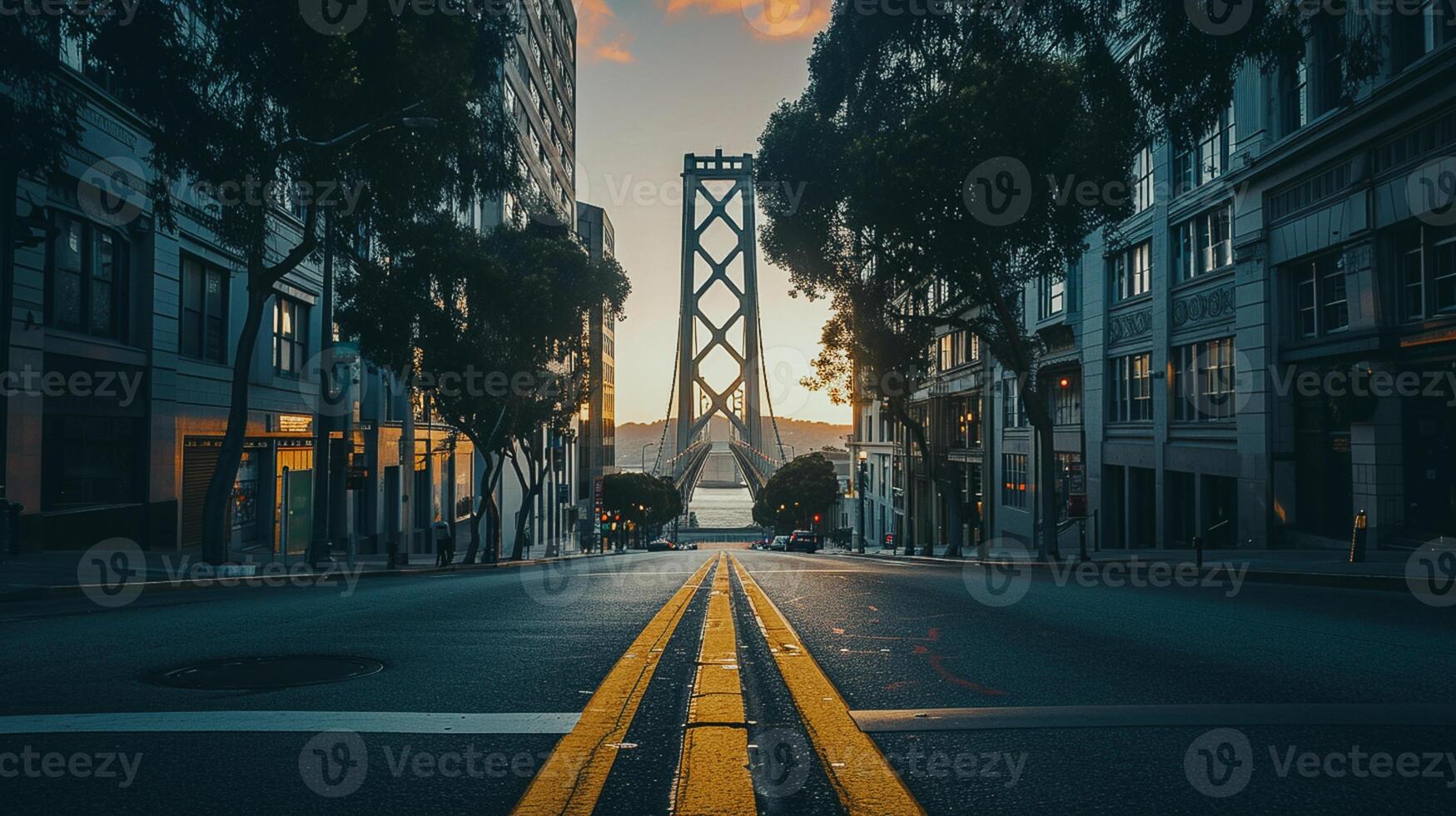 AI generated Beautiful view of large suspension bridge that extends across the frame, illuminated by the soft glow of the setting sun from the sunset Ai Generated photo