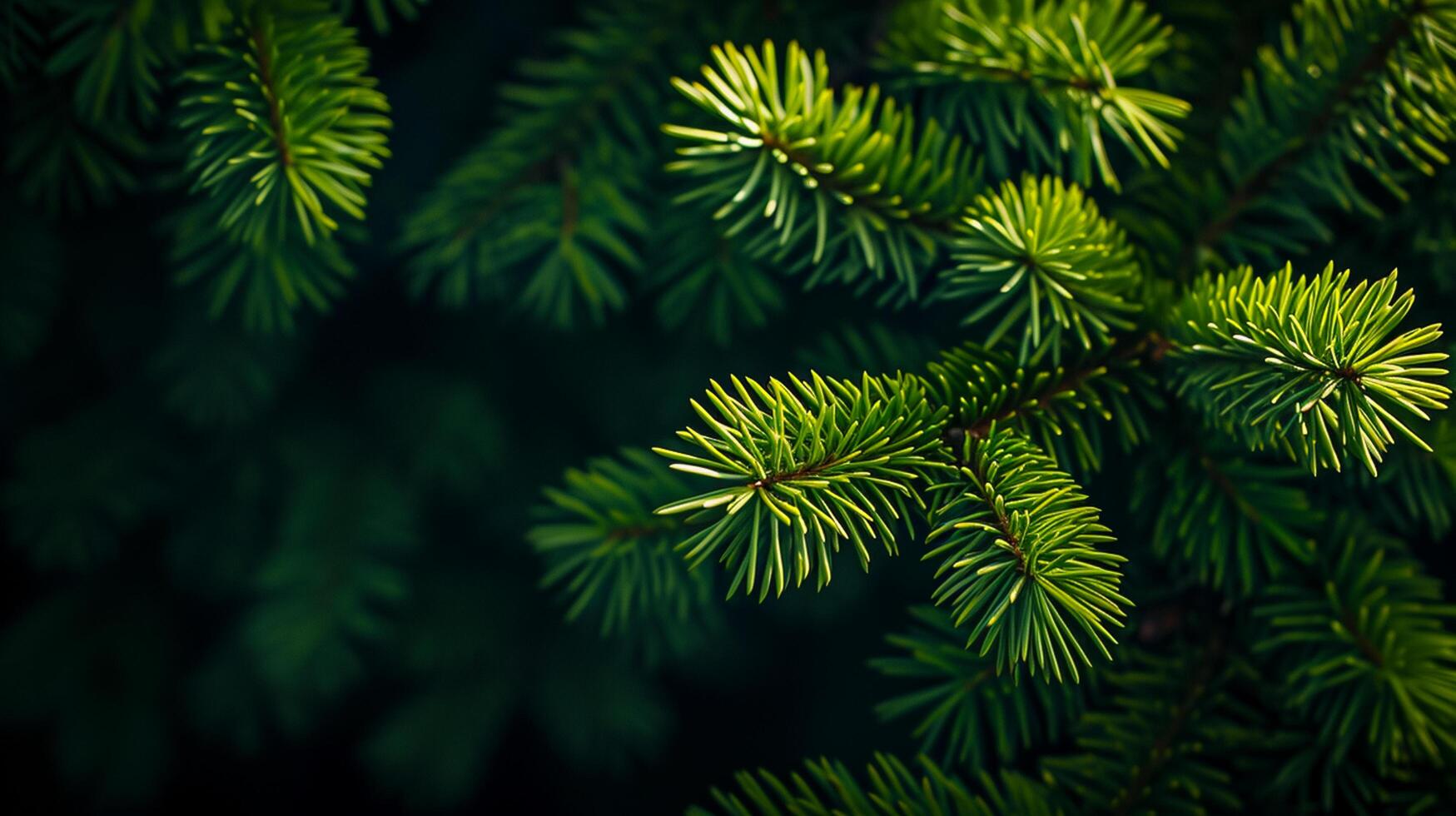 AI generated Photo of bright green pine needles set against dark, shadowy background. Ai Generated