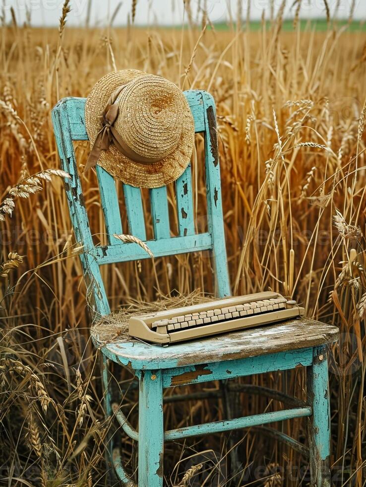 ai generado sereno imagen capturas Clásico madera silla con peladura turquesa pintar en medio de campo de alto, dorado trigo. Paja sombrero con cinta ai generado foto
