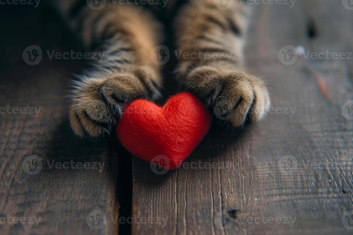 AI generated A red 3d heart in the paws of a cat. copy space Ai Generated photo