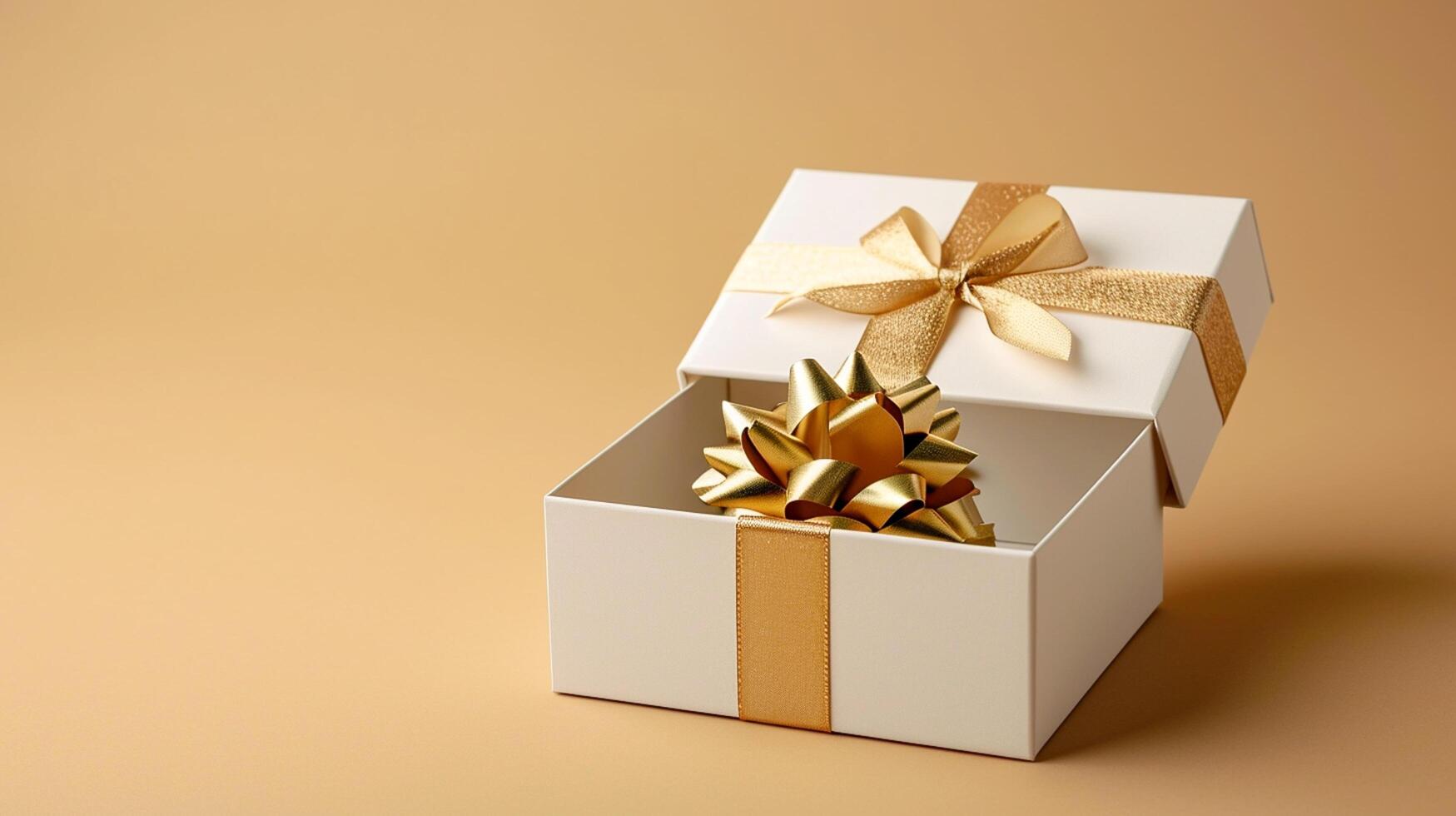 AI generated Empty open white gift box with gold ribbon on beige background, copy space Ai Generated photo