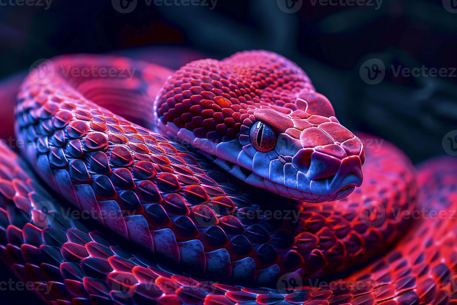 ai generado vibrante imagen de un serpiente con escamas ese son iluminado en vibrante rojo y oscuro tonos ai generado foto