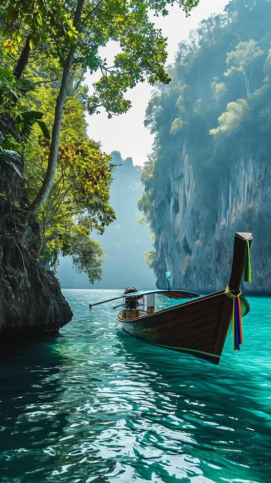 ai generado barco en el río en amanecer mediante el montañas ai generado foto