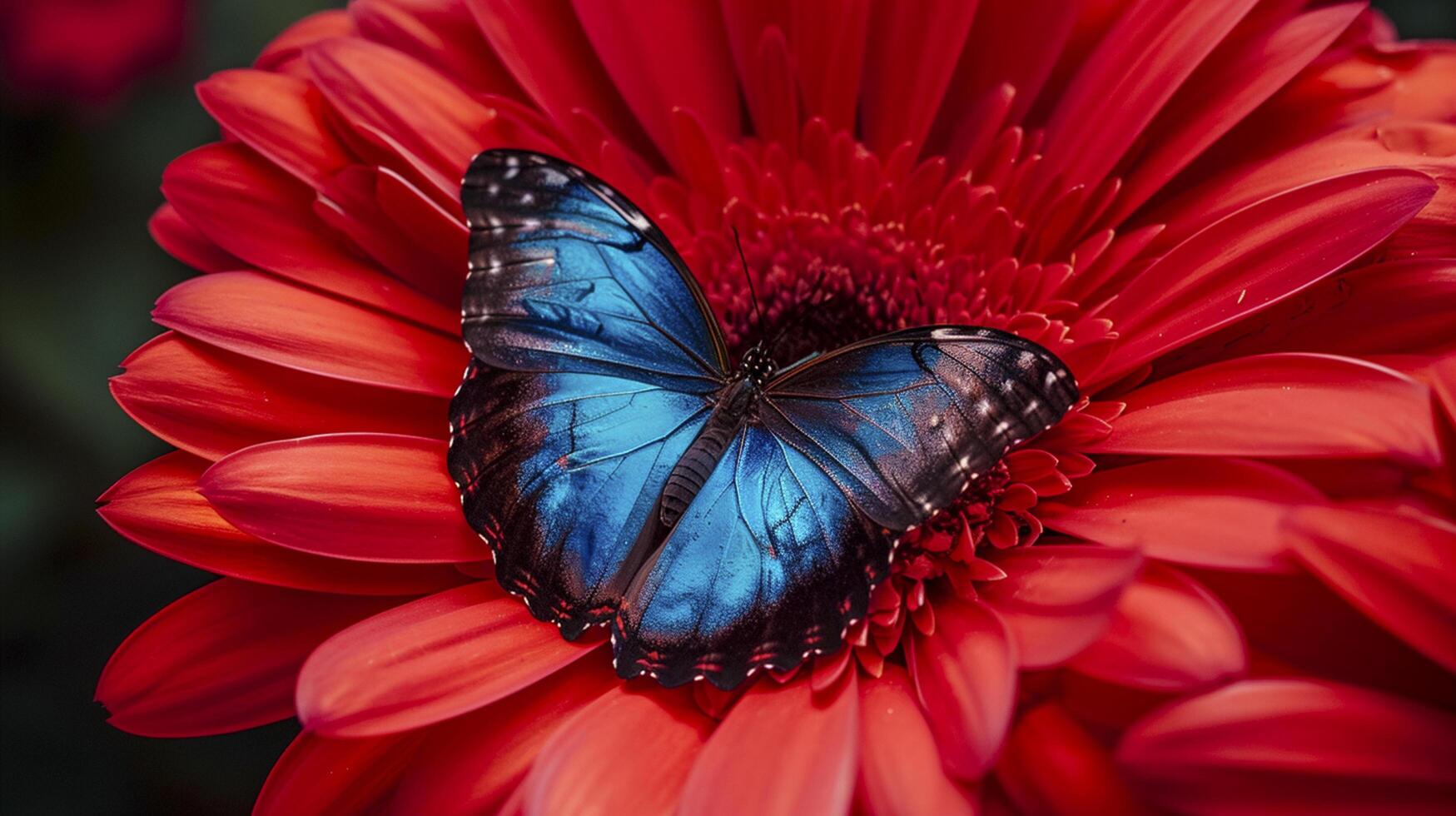 AI generated blue and black butterfly resting on the petal of a bright red flower Ai generated photo