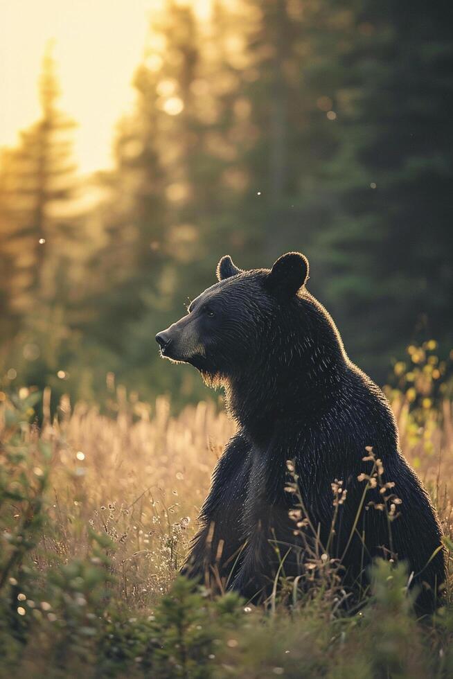 AI generated bear sitting amidst tall grass with a forest in the background, illuminated by the glow of sunlight Ai generated photo