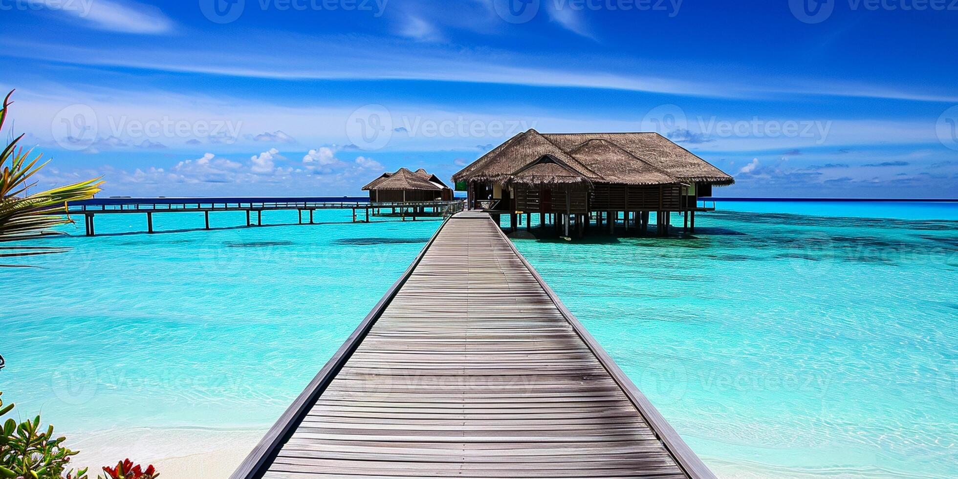 AI generated long wood walkway to small hut along blue water, in the style of colorful dreams, spectacular backdrops, luxurious Ai Generated photo