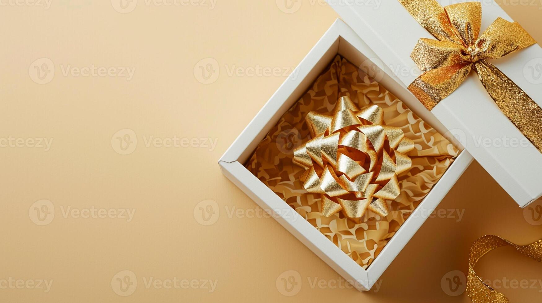 ai generado dorado sorpresa parte superior ver de 3d lujo regalo caja con oro cinta, vacío espacio, ai generado foto