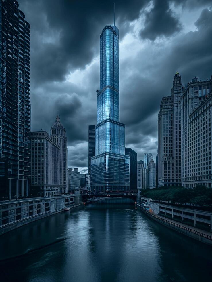 AI generated Photo of dramatic cityscape with towering skyscrapers, serene river, prominent glass skyscraper stands in the center. Surrounding buildings creating dense urban environment Ai Generated