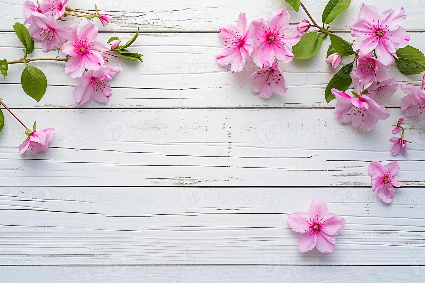 AI generated Pink flower wooden background. Wedding invitation Valentine's day top view empty space Ai generated photo