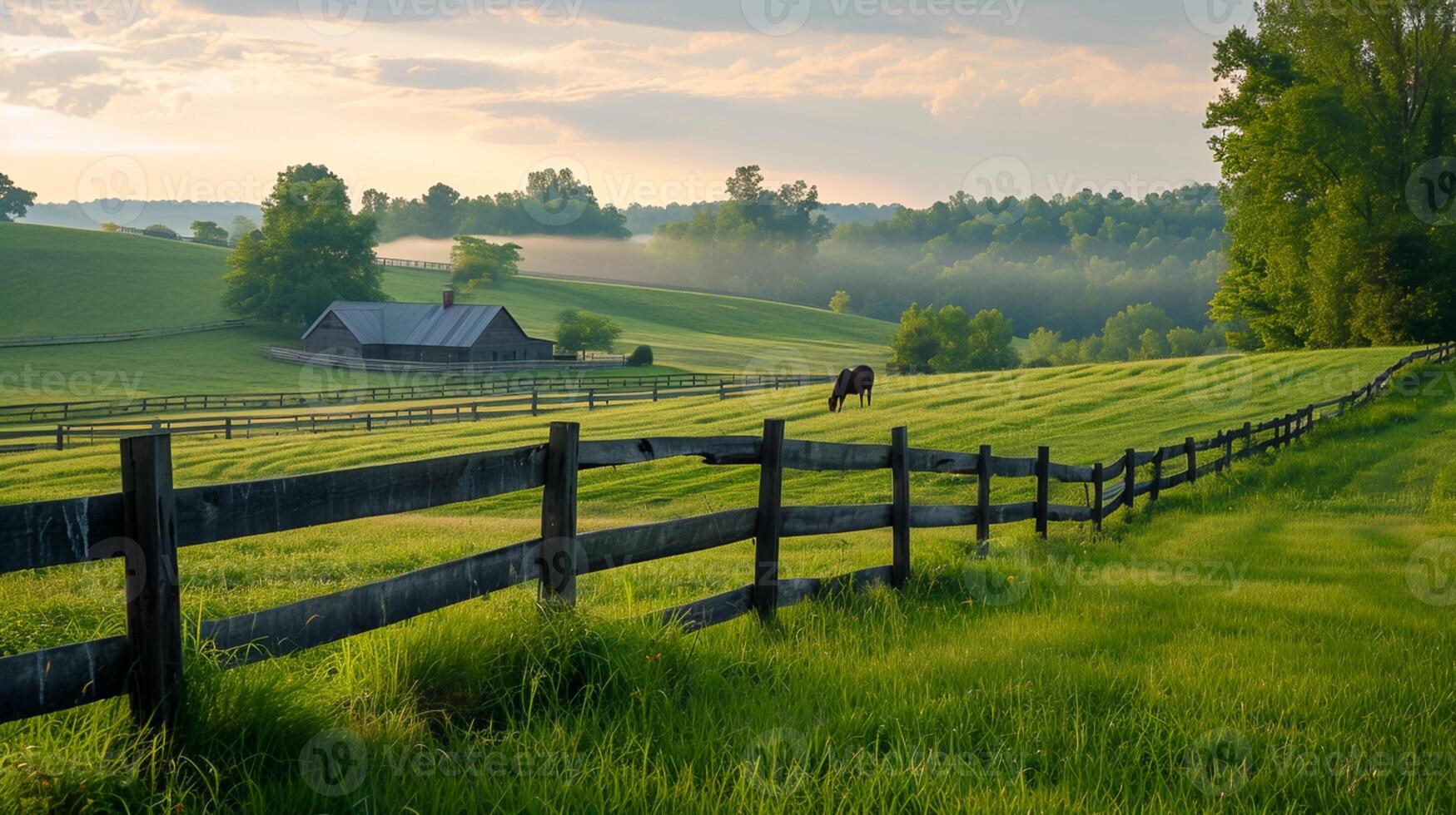 AI generated split rail fence stretches across the countryside, house , dividing the lush green fields, and horse grazes peacefully nearby Ai Generated photo
