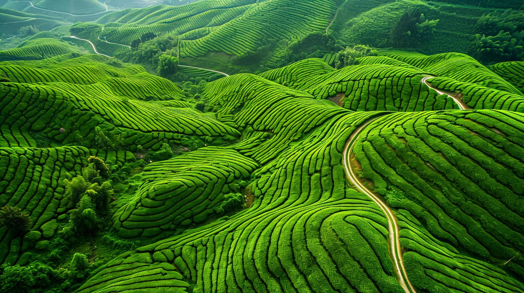 AI generated aerial view of vibrant green tea plantations is beautiful sight to behold. The plantations are organized in neat rows that form intricate patterns on the landscape. Ai Generated photo