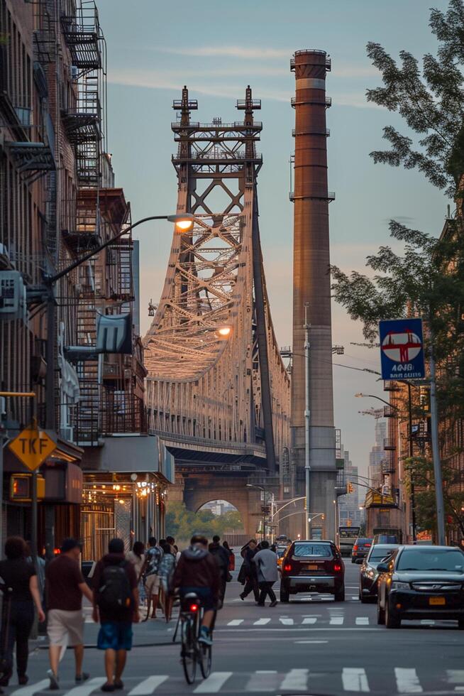 AI generated image is cityscape  with the Queensboro Bridge prominently featured in the background. The bridge is intricately designed, showcasing detailed architecture and engineering Ai Generated photo