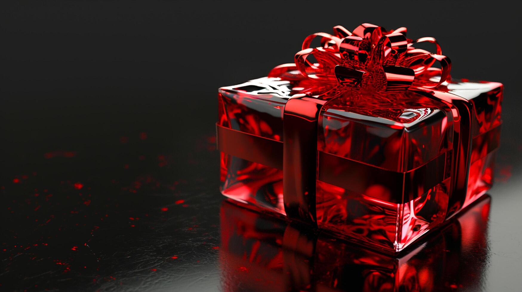 AI generated 3D gemstone Gift Box Heart, Ribbon, Empty Space, Top View, black background Ai generated photo