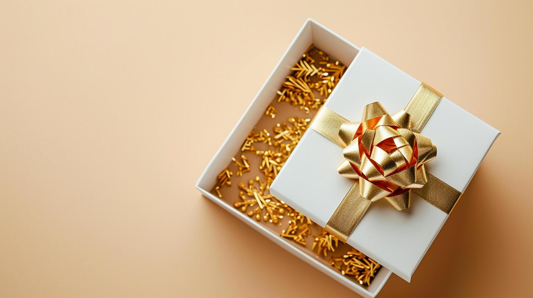 AI generated Golden Present Top View of 3D Luxury Gift Box with Ribbon, Empty Space, Ai generated photo