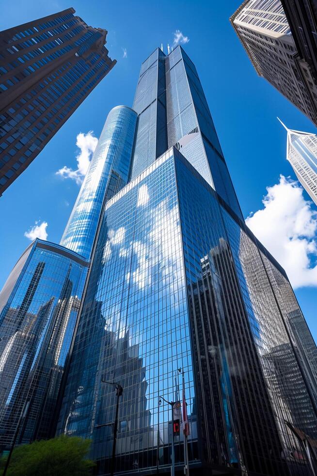 AI generated Photo of towering skyscrapers, capturing the surrounding buildings and sky Ai Generated