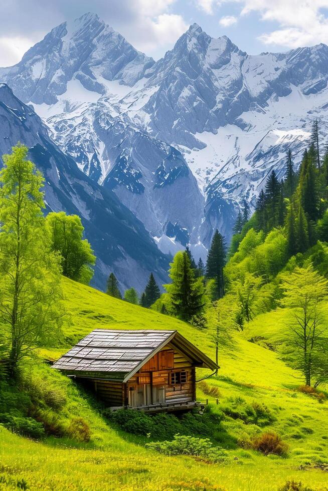 AI generated serene natural landscape wood cabin nestled in the foreground. The cabin should be situated on lush green hill, with towering snow capped mountains in the background Ai Generated photo