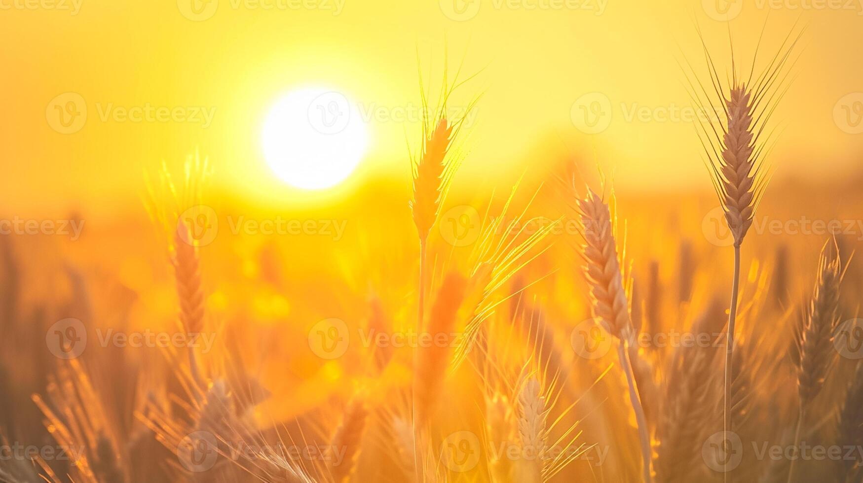 AI generated serene image captures peaceful scene of wheat field at sunrise. The sun is visible, appearing as bright, golden orb amidst the wheat stalks Ai Generated photo